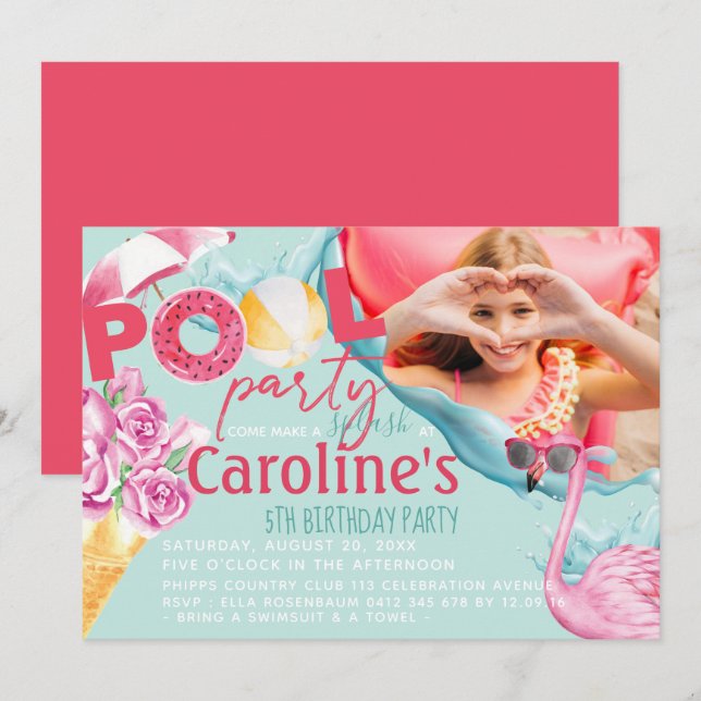 Invitation Filles Photo Pool Fête Anniversaire (Devant / Derrière)