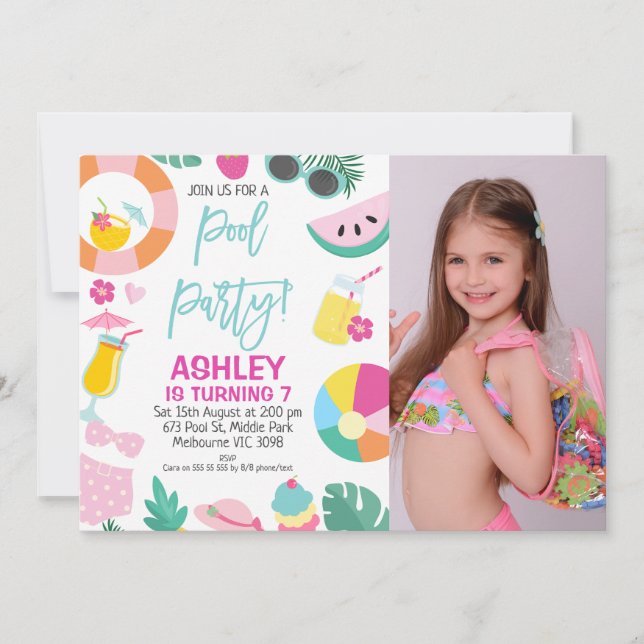 Invitation Filles Photo Summer Pool Party Anniversaire Invita (Devant)