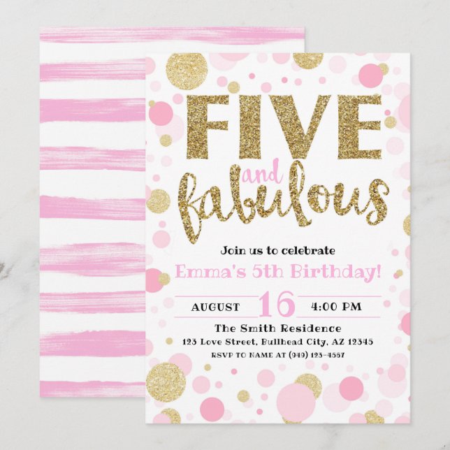 Invitation Fille's Pink & Gold Cinq & Fabuleux 5e anniversair (Devant / Derrière)
