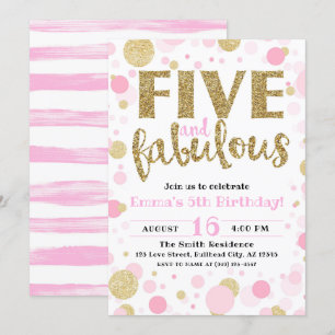 Invitation Fille's Pink & Gold Cinq & Fabuleux 5e anniversair
