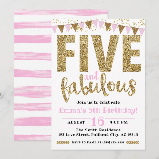 Invitation Fille's Pink & Gold Cinq & Fabuleux 5e anniversair (Devant / Derrière)