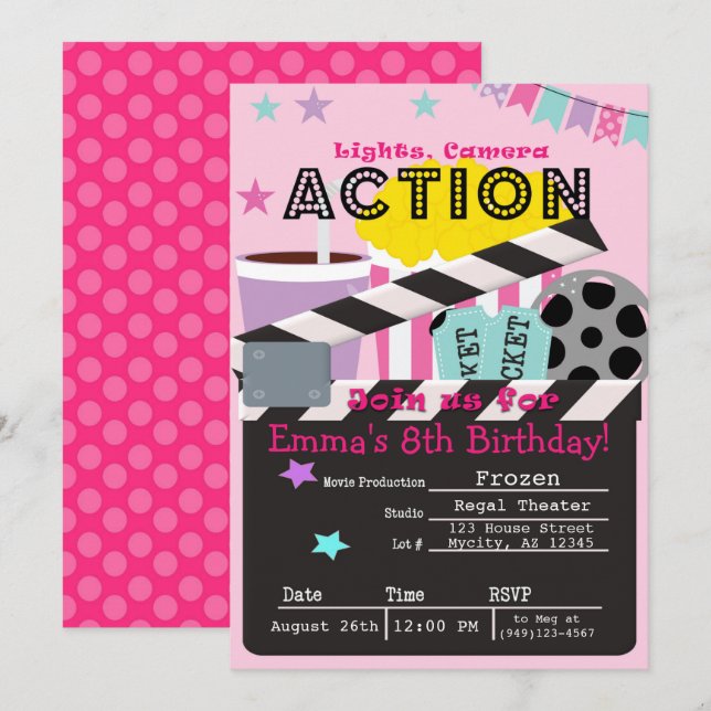 Invitation Fille's Pink Movie Theatre fête Anniversaire (Devant / Derrière)