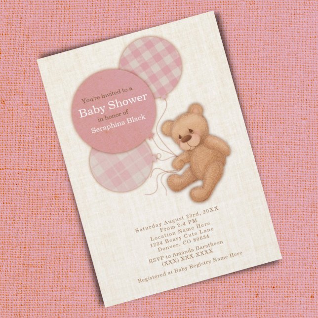 Invitation Filles Pink Plaid Teddy Baby shower Ours (Créateur téléchargé)