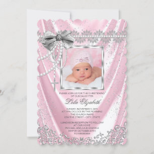 Invitation Filles Pink Satin Photo Baptême Christening