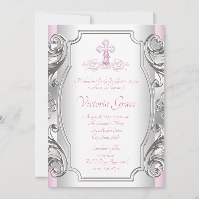 Invitation Filles Pink Silver Cross Fille Baptême Christening (Dos)