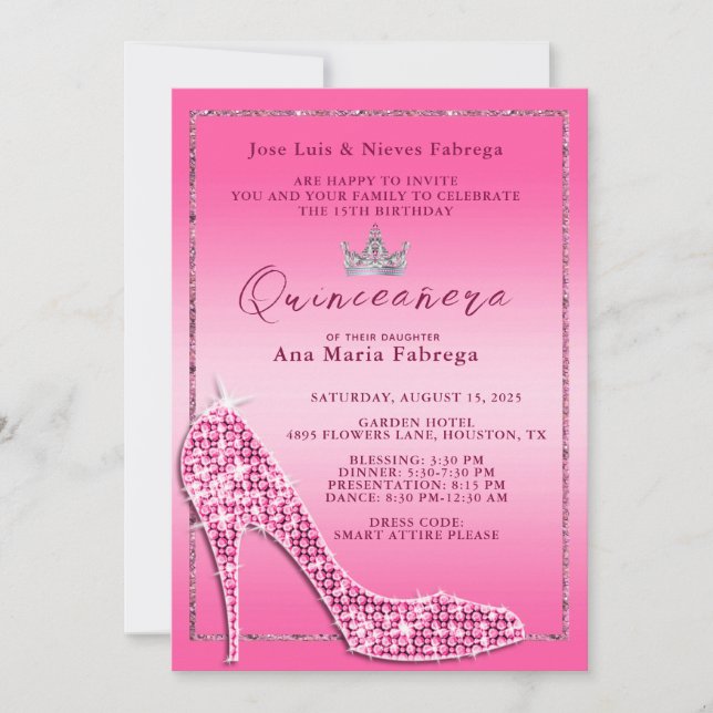 Invitation Fille's Pink Stiletto Quinceañera fête d'anniversa (Devant)