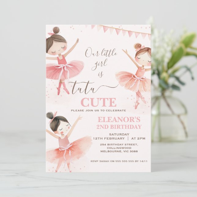 Invitation Filles Pink Tutu Ballerina 2e anniversaire (Debout devant)