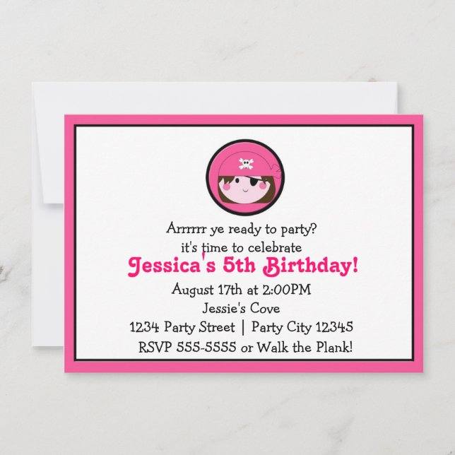 Invitation Filles Pirate Rose Brown cheveux Anniversaire Invi (Devant)