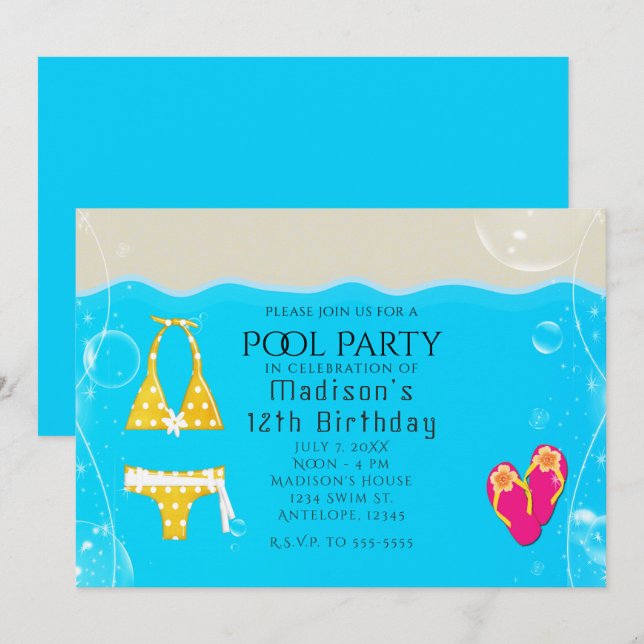 Invitation Filles Pool Party Bikini Anniversaire nage Invitat (Devant / Derrière)