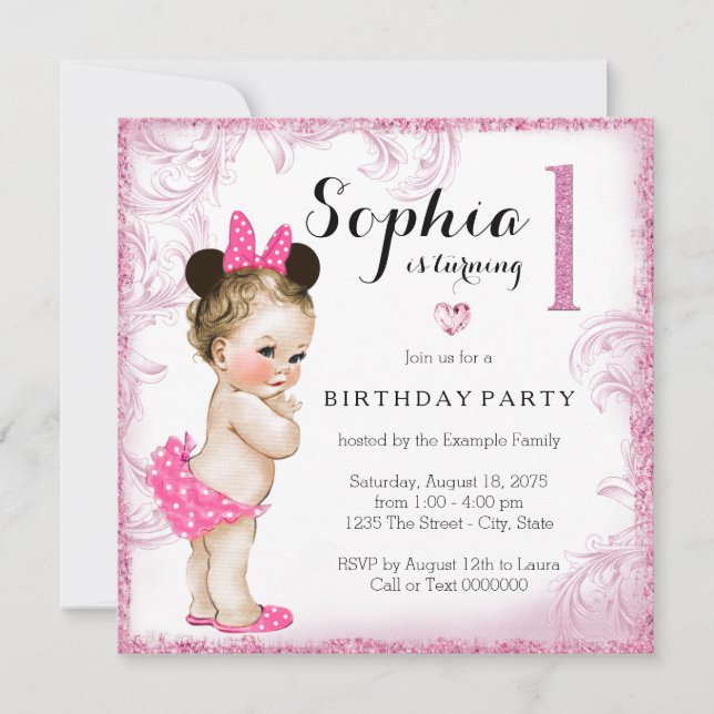 Invitation Filles Premier Anniversaire Fête Pink Swirl (Devant)