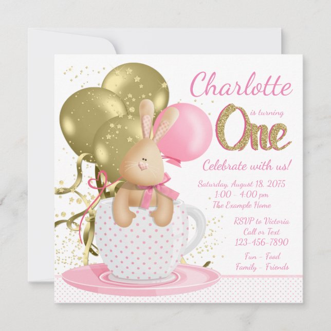 Invitation Filles Premier Anniversaire Fête Whimsical Rose Go (Devant)