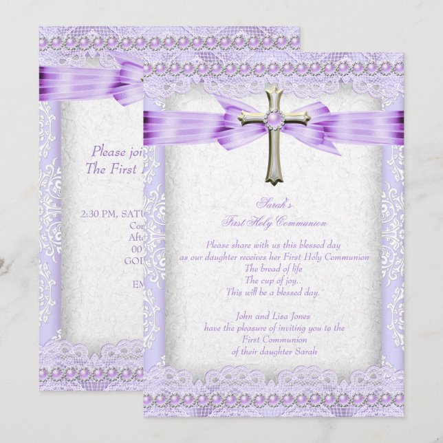 Invitation Filles Première Sainte Communion Croix Jolie Lavan (Devant / Derrière)