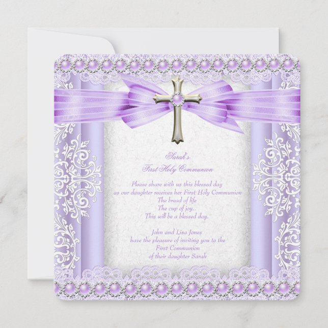 Invitation Filles Première Sainte Communion Croix Jolie Lavan (Devant)