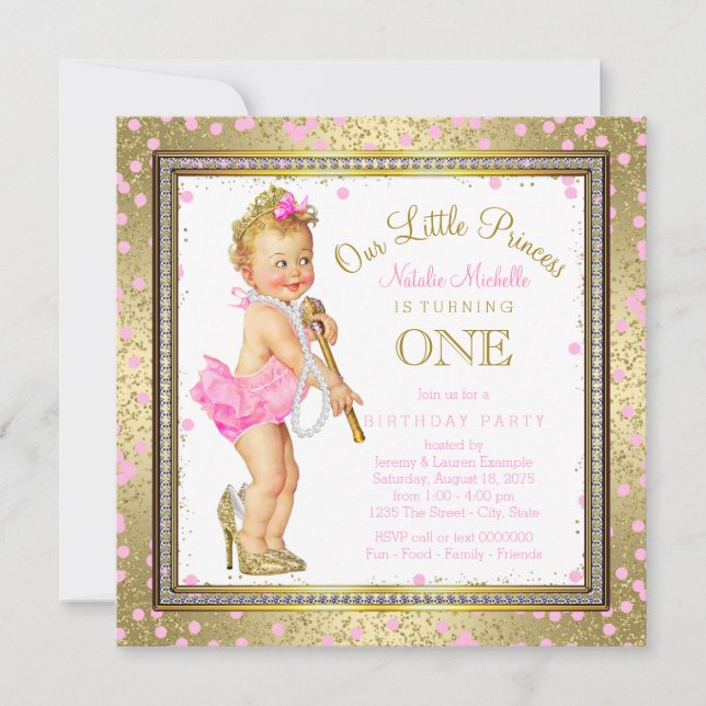 Invitation Filles Princesse 1er anniversaire fête Pink Gold (Devant)