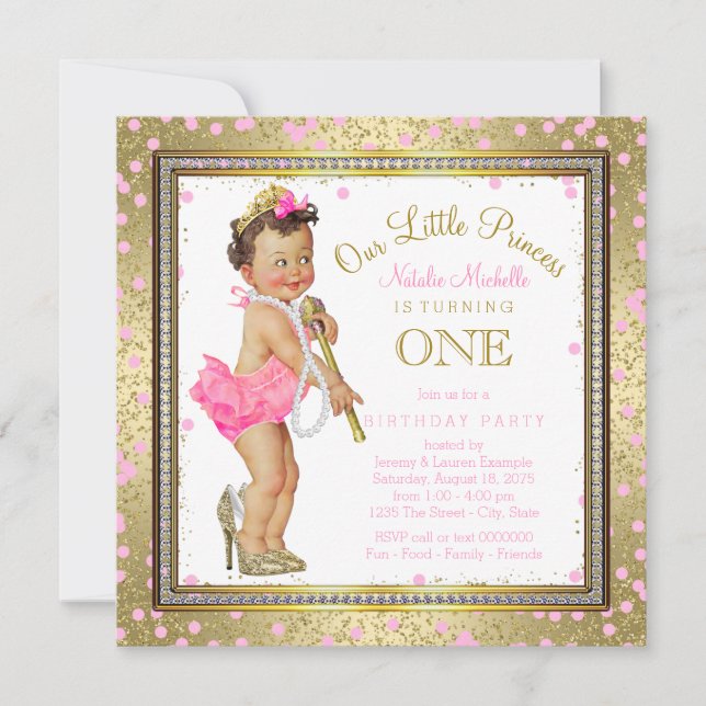 Invitation Filles Princesse 1er anniversaire fête Pink Gold (Devant)