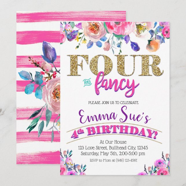 Invitation Filles quatre et fantaisie Floral 4e anniversaire (Devant / Derrière)