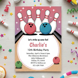 Invitation Filles Rétro Fête d'anniversaire de bowling rose 