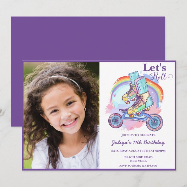 Invitation Filles Roller Patinage photo Anniversaire (Devant / Derrière)