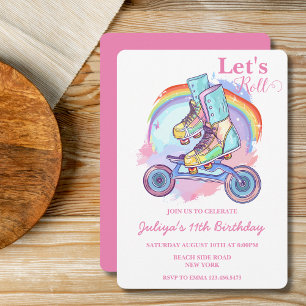 Invitation Filles Roller Patinage rose fête d'anniversaire