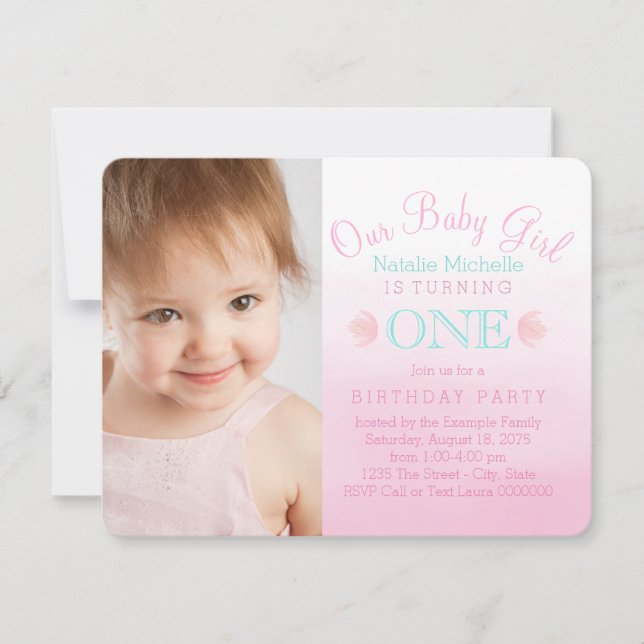 Invitation Filles rose et bleu Turquoise Premier anniversaire (Devant)