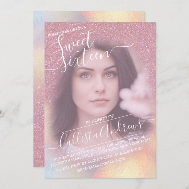 Invitation Filles rose Faux Iridescente Parties scintillant P (Devant / Derrière)