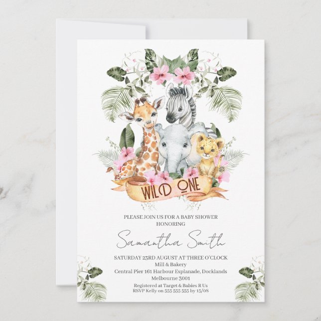 Invitation Filles Rose Floral Safari Wild Un Baby shower (Devant)