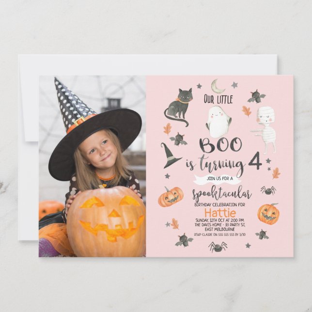 Invitation Filles rose orange gris photo Halloween Anniversai (Devant)