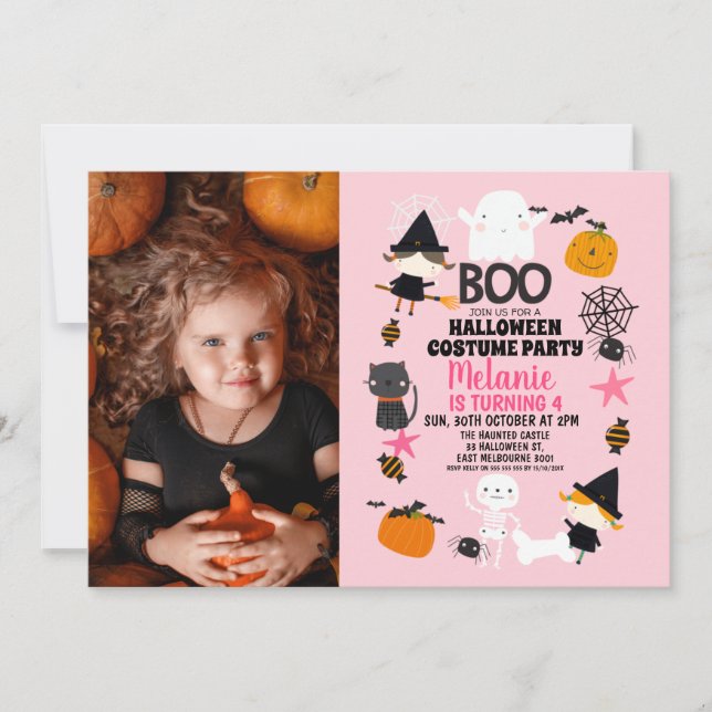 Invitation Filles rose Orange Halloween Photo Anniversaire (Devant)