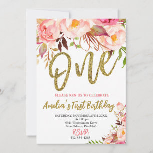 Invitation Filles roses et d'or premier anniversaire, Floral