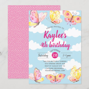Invitation Filles roses Fille papillon fête d'anniversaire