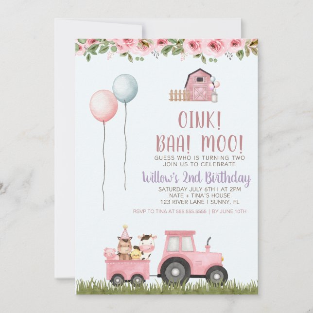 Invitation Filles roses Grange Animaux de ferme Anniversaire  (Devant)