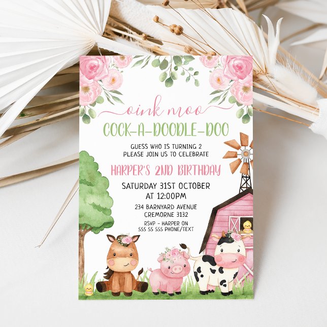Invitation Filles roses Grange Florale Animaux de ferme Anniv (Any age, oink moo pink farm birthday invitation with cute animals, pink barn and pink flowers.)