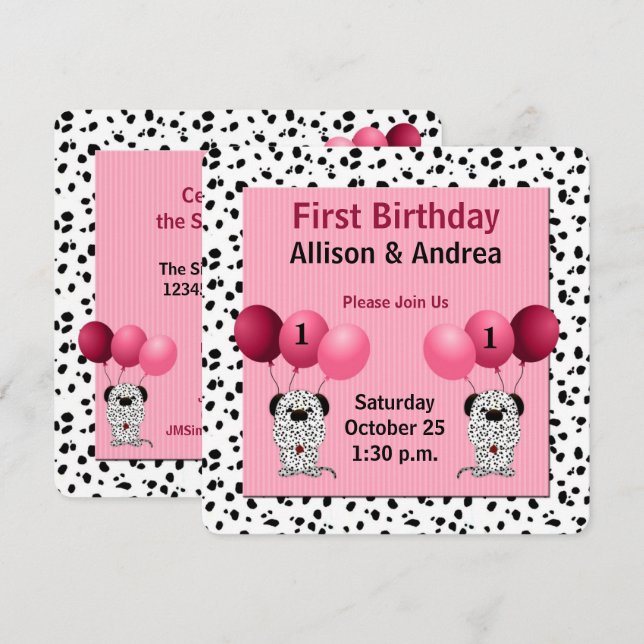 Invitation Filles roses jumelles 1er fête d'anniversaire Dalm (Devant / Derrière)