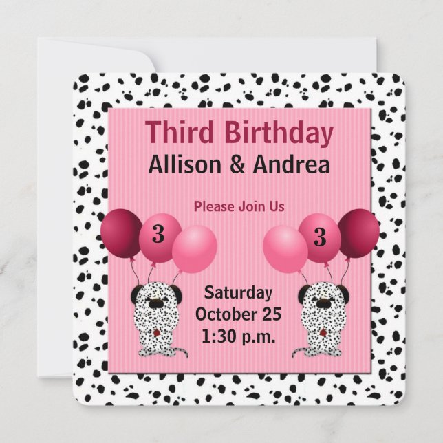 Invitation Filles roses jumelles 3e fête d'anniversaire Dalma (Devant)