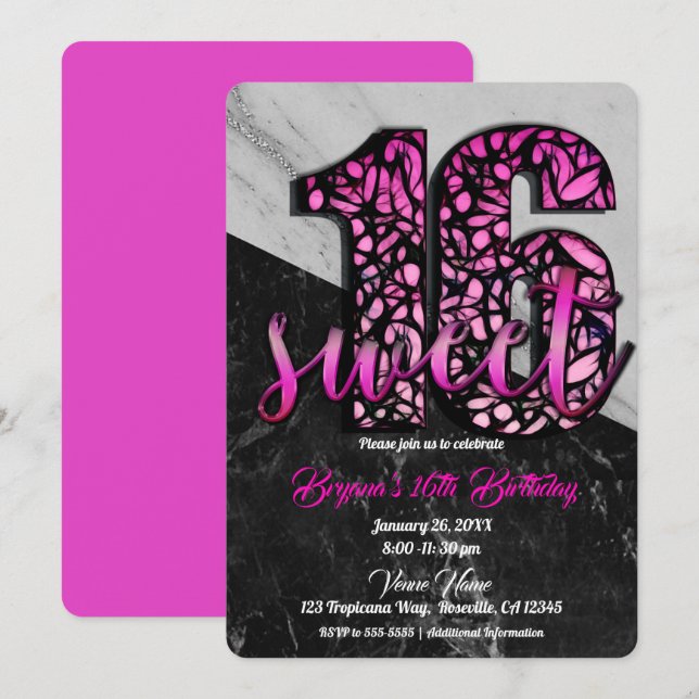 Invitation Filles Roses Marbre Noir Doux 16 Anniversaire Fête (Devant / Derrière)
