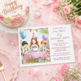 Invitation Filles roses mignonnes Fête d'anniversaire avec ba
