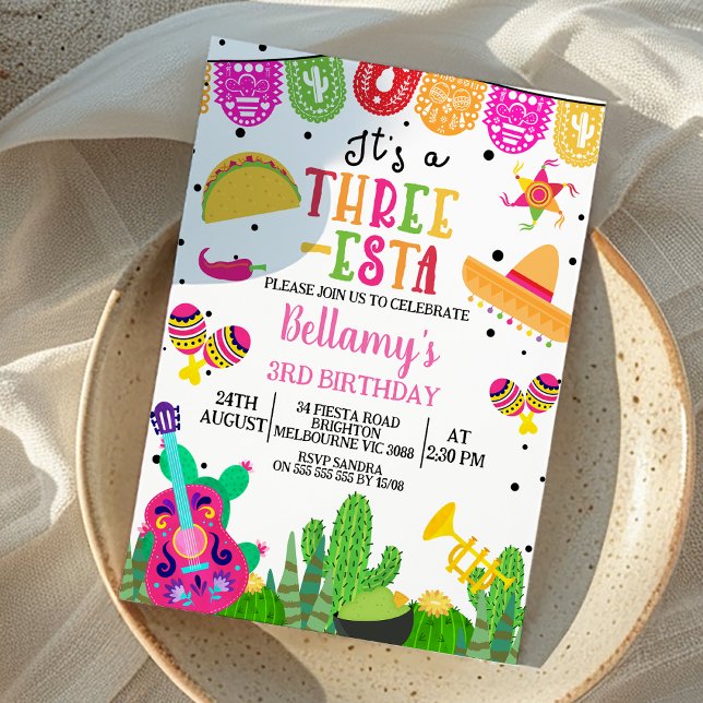 Invitation Filles roses modernes Trois esta Fiesta 3e anniver (Girls Three-esta 3rd Birthday Invitation, Fiesta 3rd Birthday Invitation, Cactus, Mexican fiesta,)