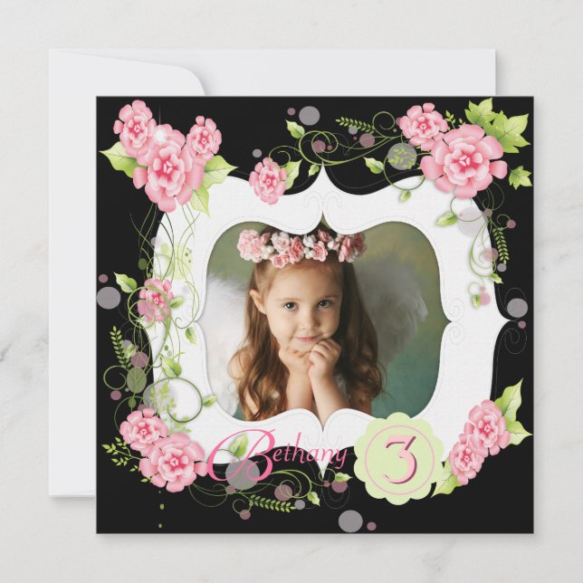 Invitation Filles roses noires Photo 3e fête d'anniversaire (Devant)