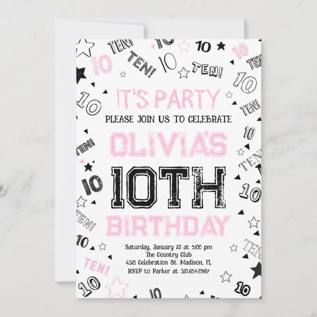 Invitation Filles roses Nombre Dix Anniversaires (Devant)