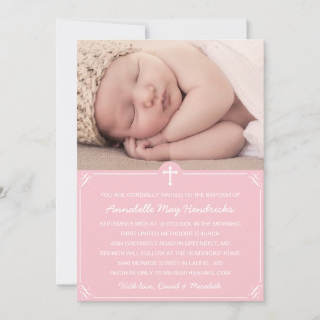 Invitation Filles roses Photo Baptême/Invitation Christening (Devant)