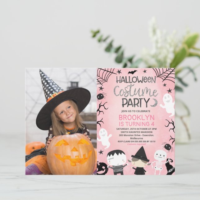 Invitation Filles roses Photo Fête d'Halloween Anniversaire (Debout devant)