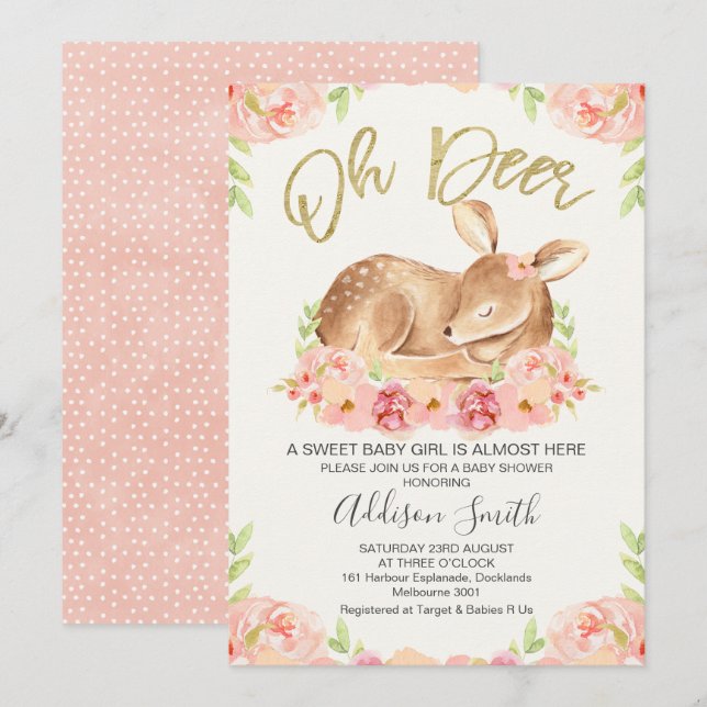 Invitation Filles Rustique Baby shower Floral Cerfs Invitatio (Devant / Derrière)