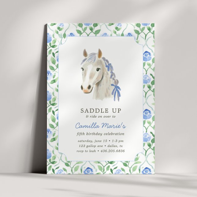 Invitation Filles Saddle Up Preppy Pony Horse Toile Anniversa (Créateur téléchargé)