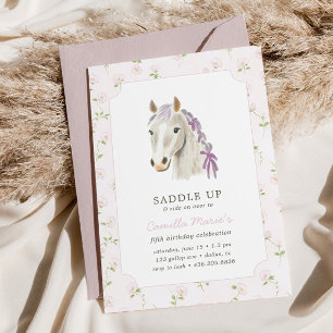 Invitation Filles Saddup Preppy Cheval Pony Rose Anniversaire