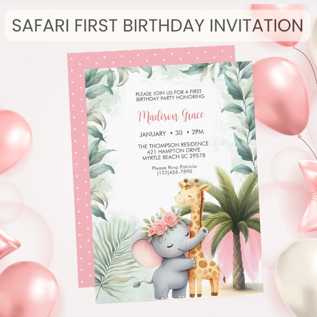 Invitation Filles Safari Animaux Floral Tropical Anniversaire (Créateur téléchargé)