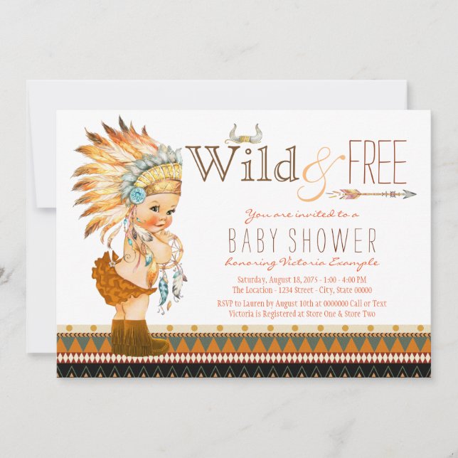 Invitation Filles sauvages et libres Baby shower tribal Boho (Devant)