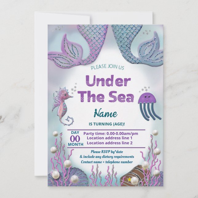 Invitation Filles sirène sous la mer anniversaire (Devant)