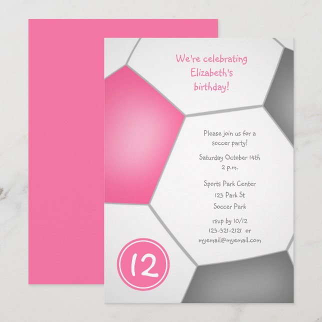 Invitation filles sport rose gris soccer fête d'anniversaire (Devant / Derrière)