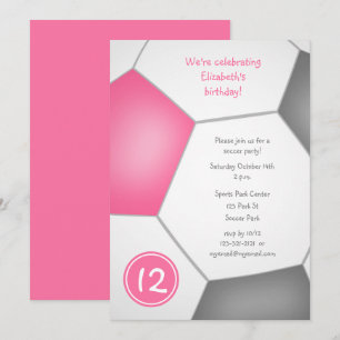 Invitation filles sport rose gris soccer fête d'anniversaire