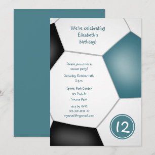 Invitation filles sports turquoise football noir fête d'anniv